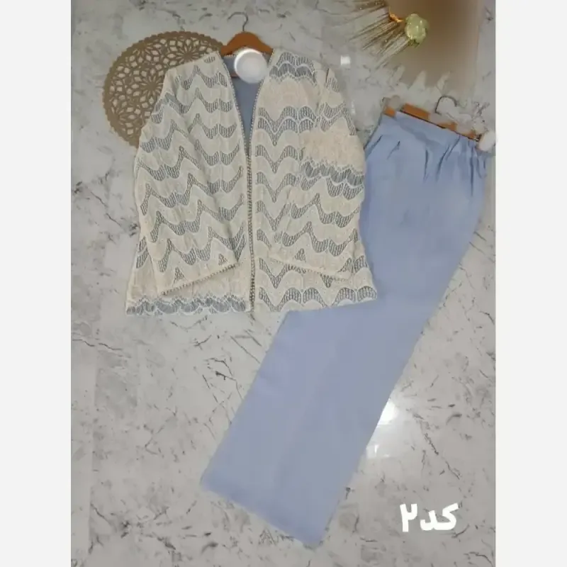 ست کت و شلوار مجلسی زنانه جنس گیپور دانتل و شلوار مازراتی - تصویر 3