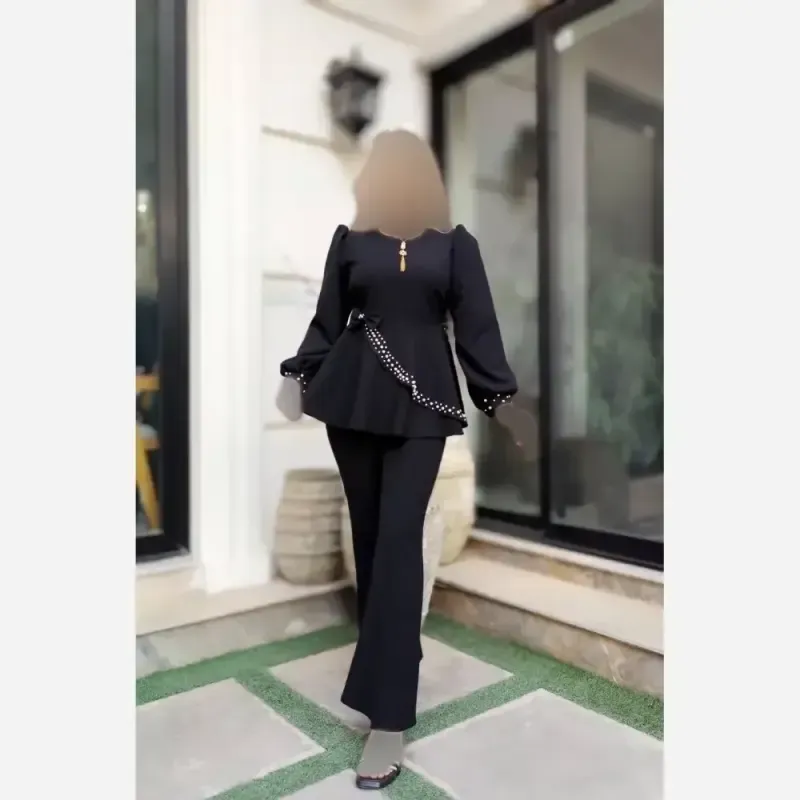 ست چهارتکه زنانه شومیز و شلوار کرپ مازراتی طرح ناز با تل و گردنبند - تصویر 15