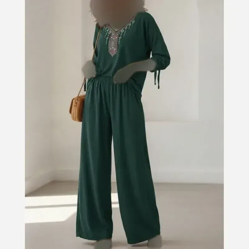 بلوز و شلوار نخی زنانه سبز یشمی فری سایز - تصویر 3