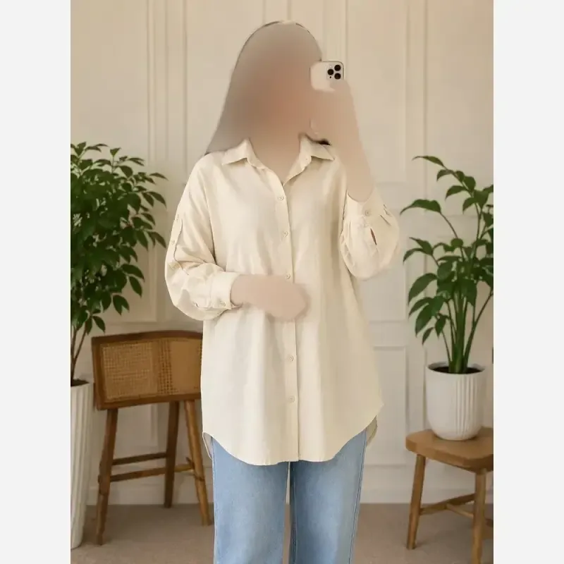 شومیز مانتوایی ساده لینن ترک تابستانه فری سایز - تصویر 5