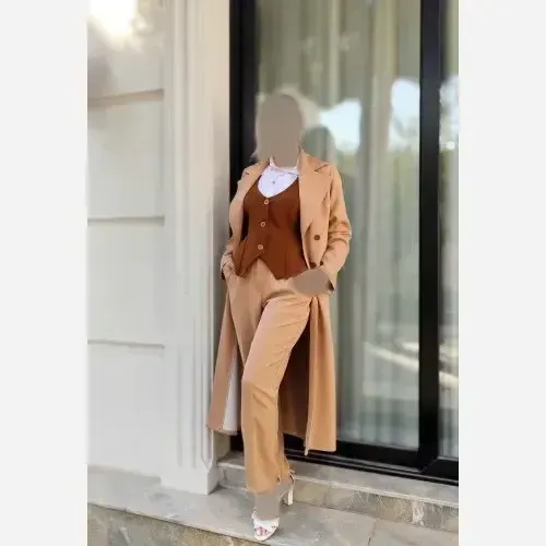 ست سه تیکه زنانه مدل کلارا شامل لانگ کت و شلوار و جلیقه پارچه سوپر مازراتی