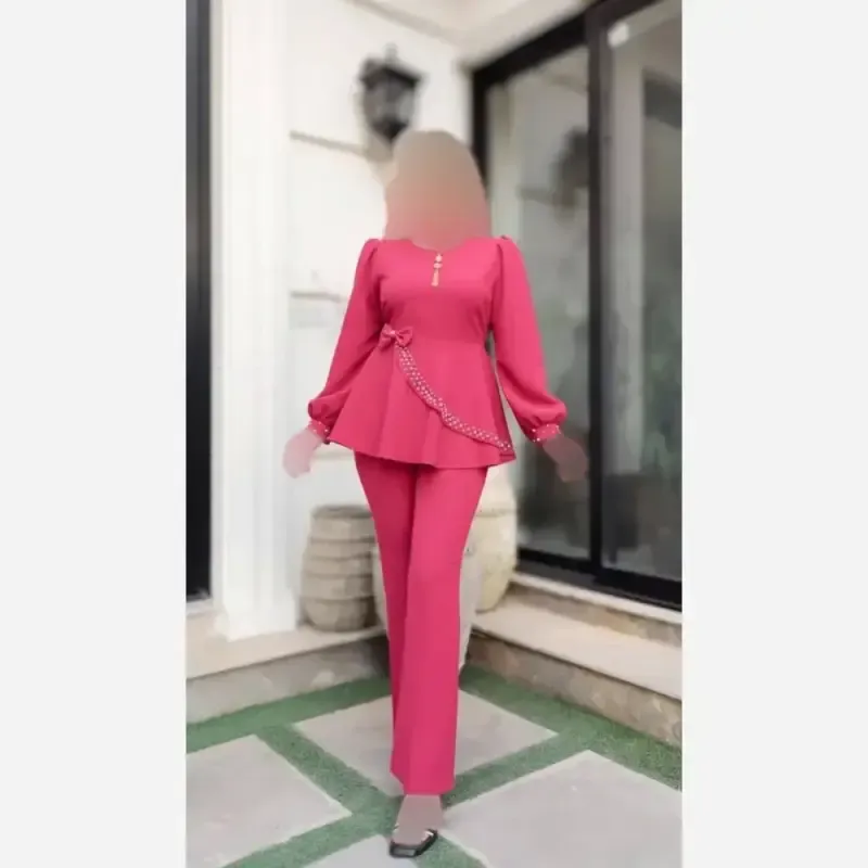 ست چهارتکه زنانه شومیز و شلوار کرپ مازراتی طرح ناز با تل و گردنبند - تصویر 12