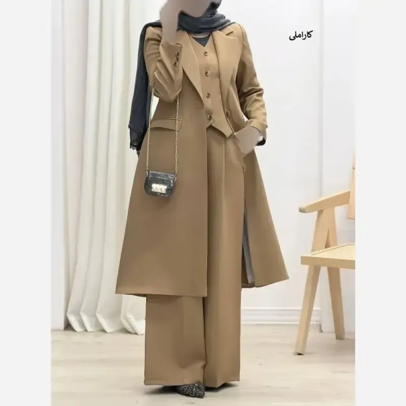 ست سه تیکه مانتو شلوار و جلیقه کرپ مازراتی کجراه - تصویر 3
