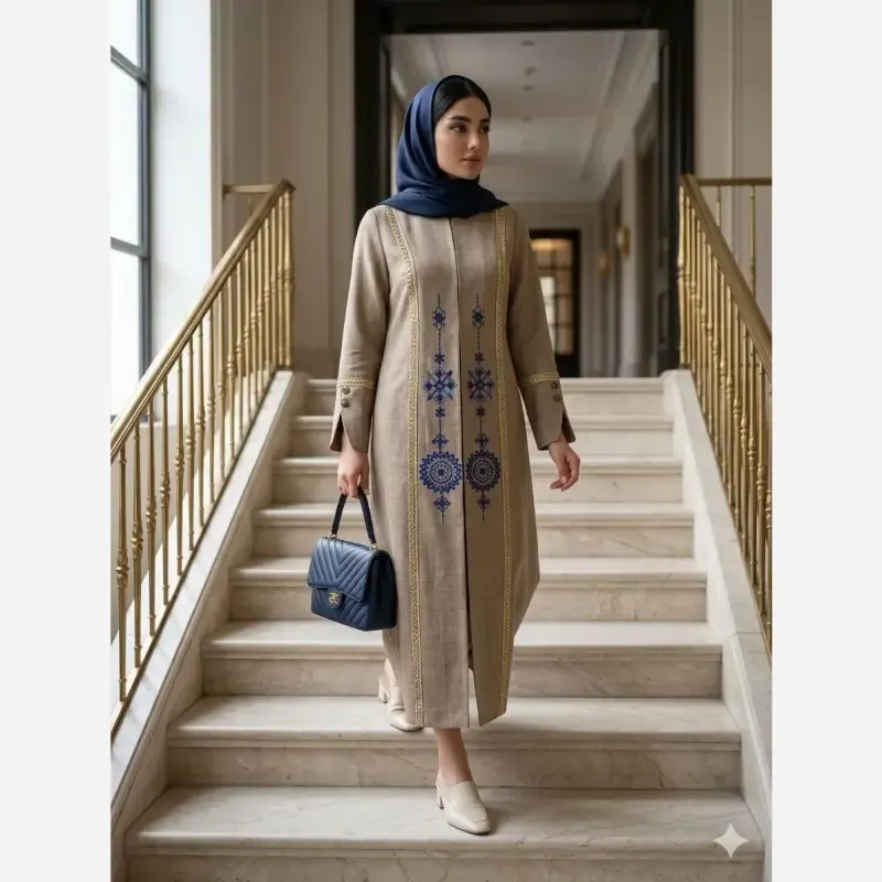 مانتو زنانه مجلسی آوا شانتون اسلپ گلدوزی تا سایز 56 - تصویر 6