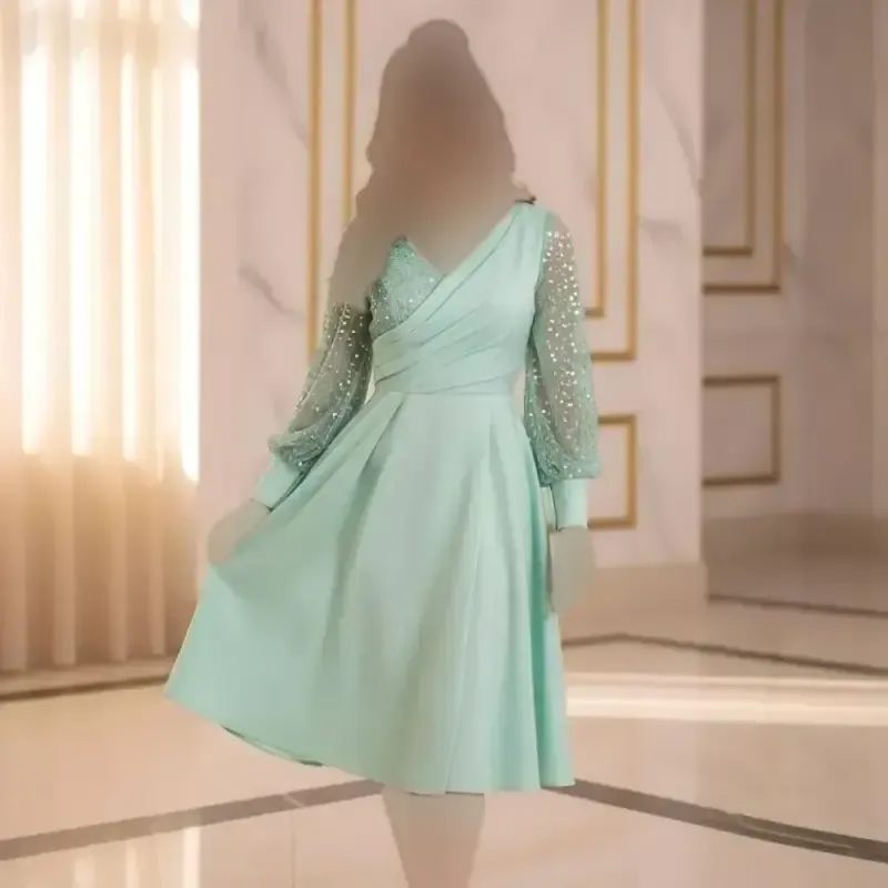 پیراهن مجلسی زنانه مدل همتا جسیمکو و ساتن سنگ دوزی شده رنگ سبزماچا - تصویر 3