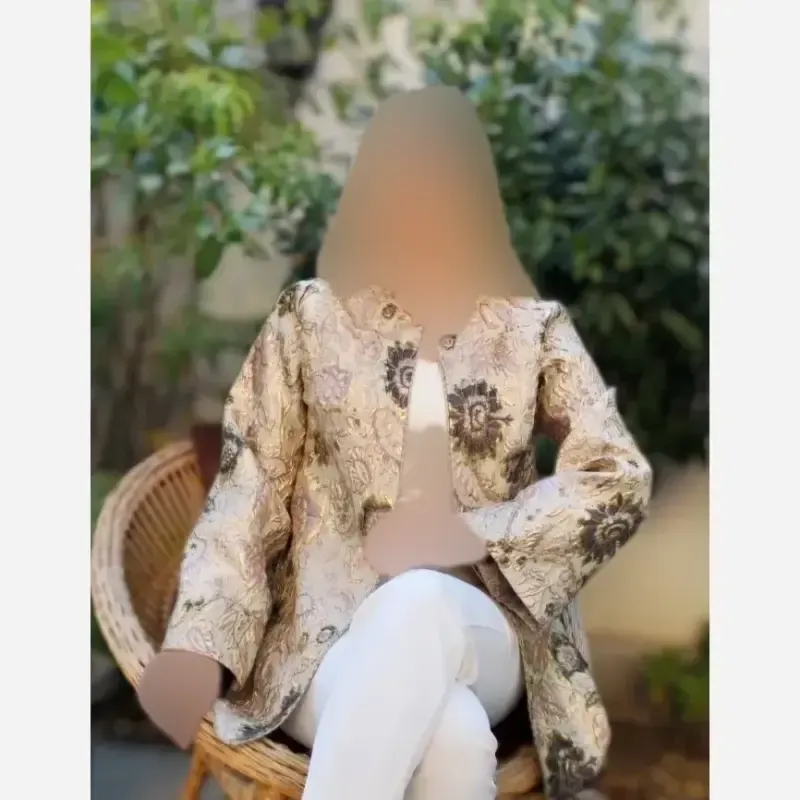 کت مجلسی زنانه مدل الیکا ژاکارد ترک طرح برجسته کرم طلایی - تصویر 6