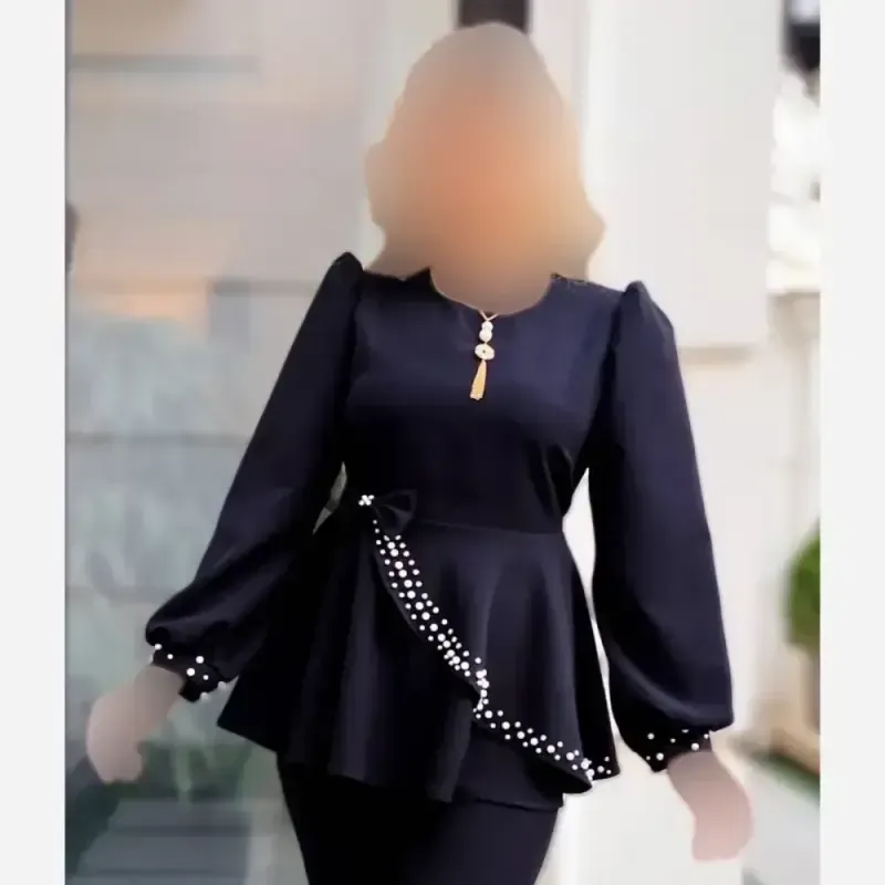 ست چهارتکه زنانه شومیز و شلوار کرپ مازراتی طرح ناز با تل و گردنبند - تصویر 18