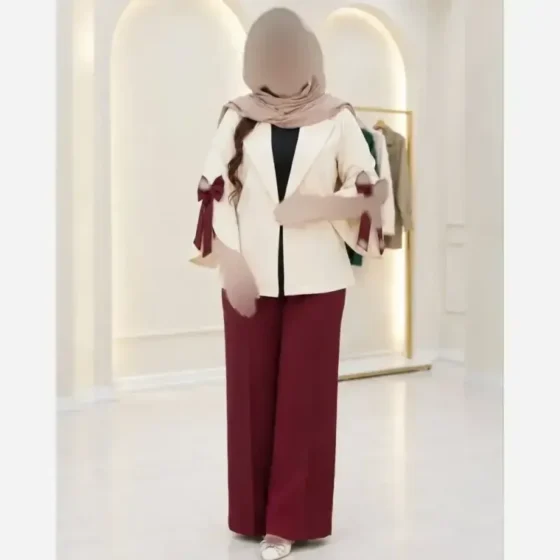 کت شلوار زنانه آستین پاپیون جنس مازراتی دبل رنگ مشکی کرم قهوه ای سرمه ای زرشکی