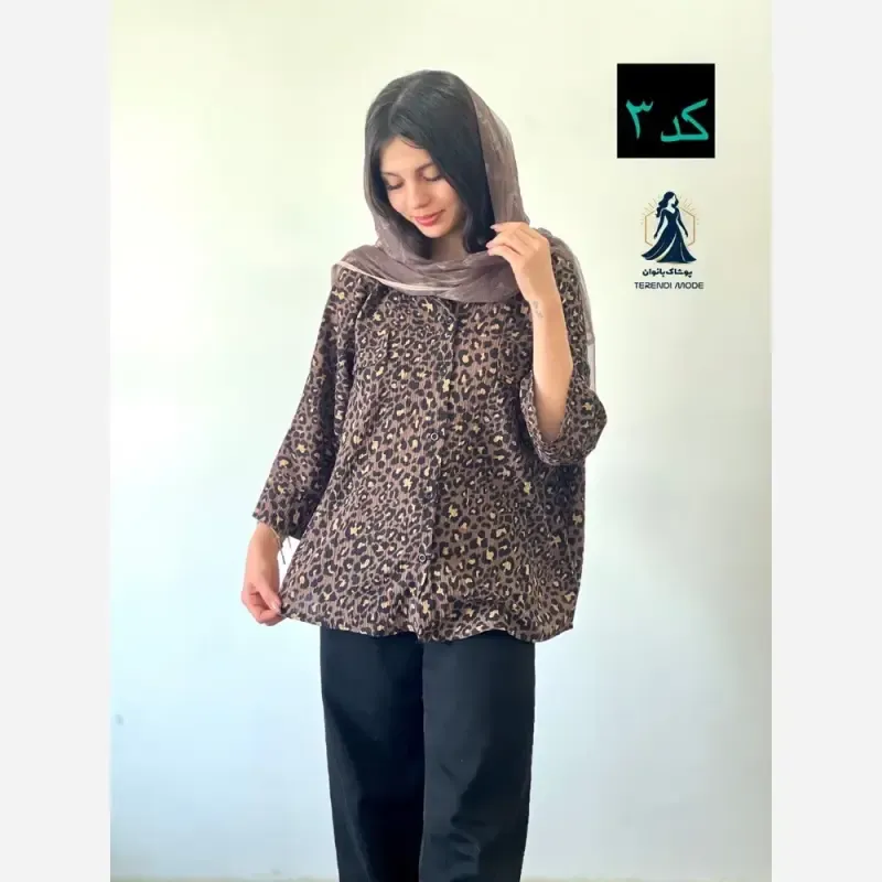 شومیز زنانه طرح پلنگی جنس کریشه نخ فری سایز - تصویر 5