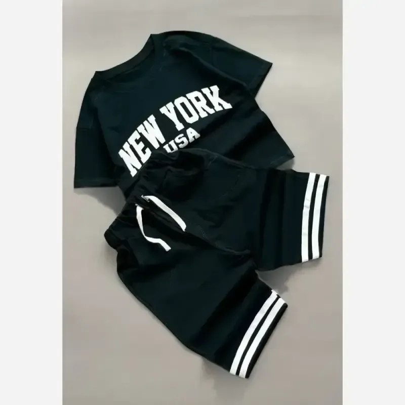 ست تیشرت و شلوارک پسرانه NEWYORK پنبه یکرو نخ رنگ سبز یشمی