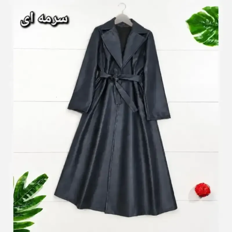 مانتو چرم دلاریس ضخیم بلند کمربنددار سایز 38 تا 46 - تصویر 2