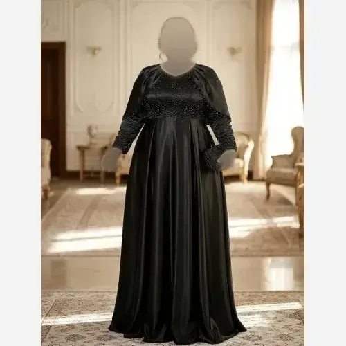ماکسی مجلسی زنانه بزرگ سایز رنگ مشکی جنس ساتن lx