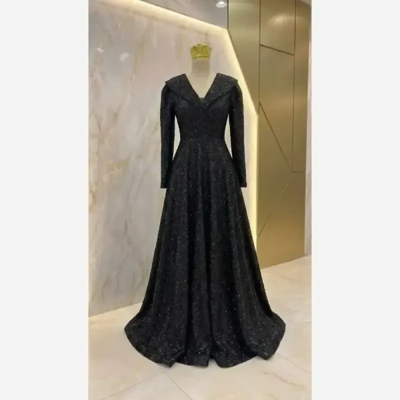 پیراهن مجلسی زنانه مدل سایه جنس دانتل چمنی سنگدوزی شده کاپدار رنگ مشکی سایزبندی بزرگ - تصویر 8
