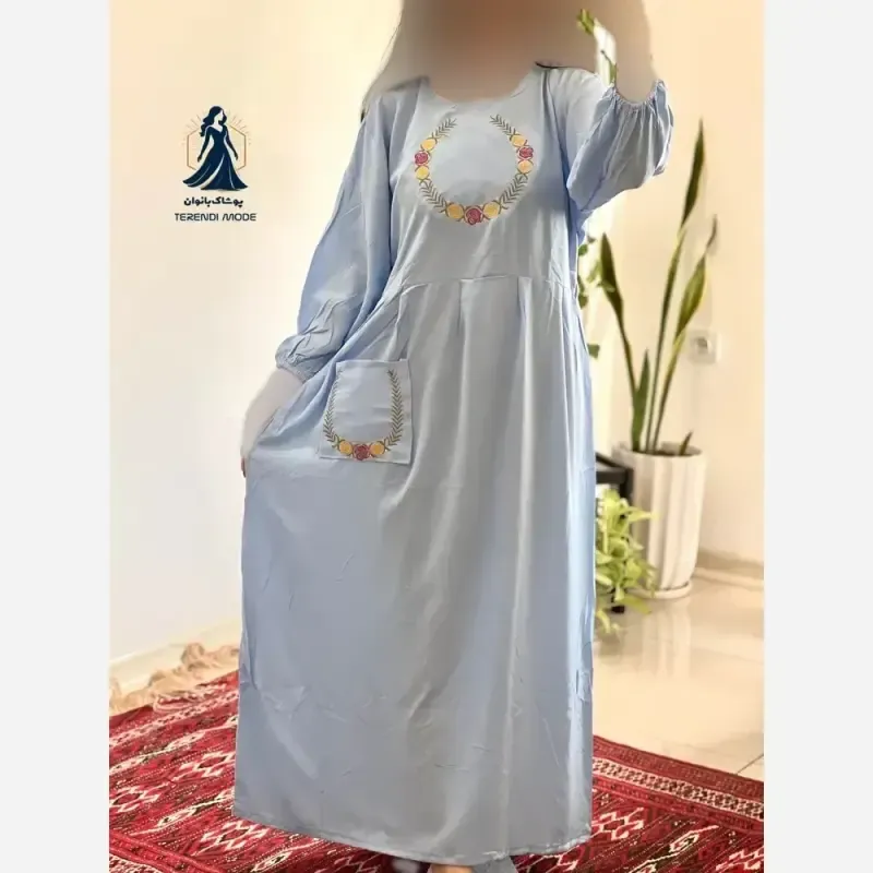 ساحلی گلدوزی تک جیب جنس نخ ململ رنگ زیتون قد 136 - تصویر 5