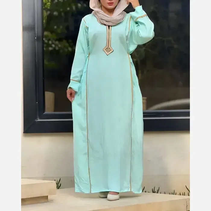 پیراهن نخی یال یقه گلدوزی تک رنگ فری سایز سایز 40 تا 52 - تصویر 5
