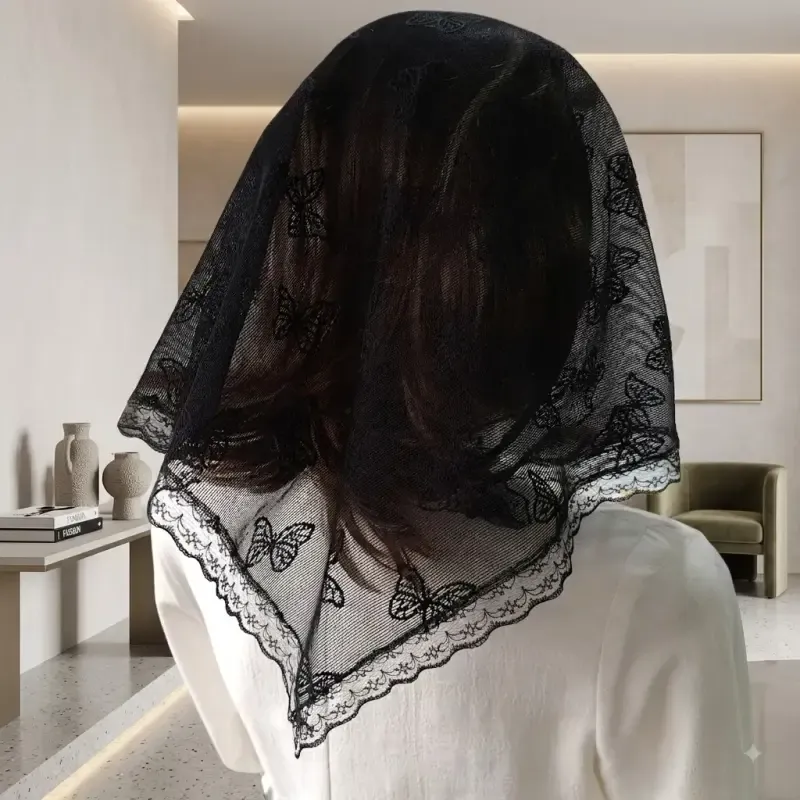 مینی اسکارف تور پروانه ای مشکی سایز 70 در 70 دور دانتل - تصویر 5
