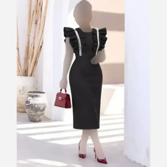پیراهن مجلسی زنانه مشکی جنس غواصی درجه یک خارجی آستین چیندار لمهدوزی شده سایز 38 تا 44