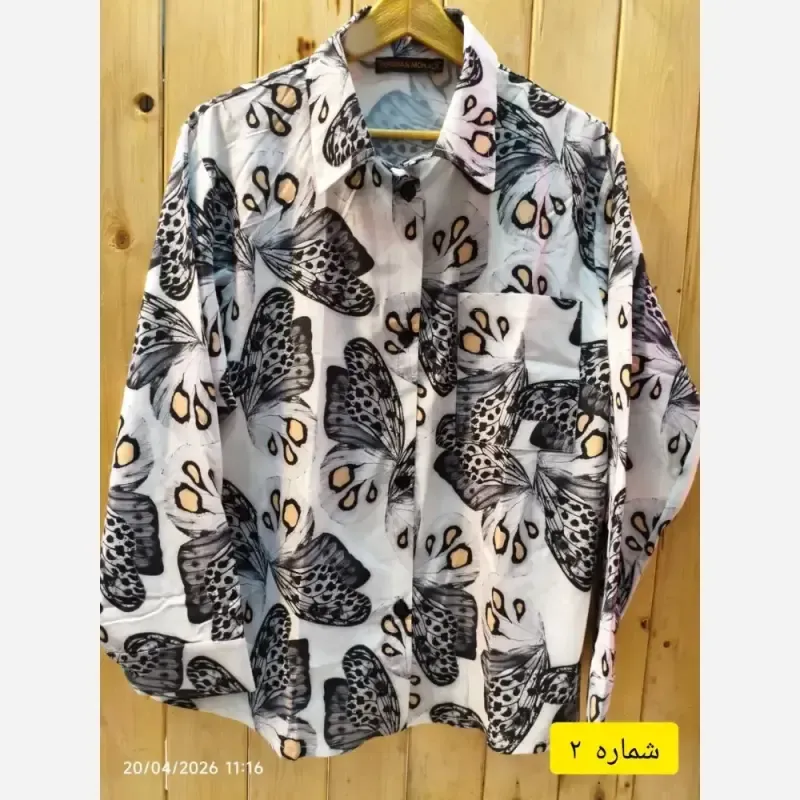 شومیز مانتویی تابستانه یقه مردانه طرح پروانه جنس بوگاتی ضد چروک - تصویر 3