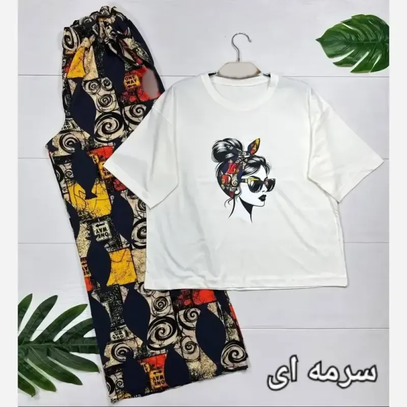 بلوز و شلوار زنانه مدل مرسده تیشرت پنبه شلوار الیزه سایز فری 38 تا 48 - تصویر 2