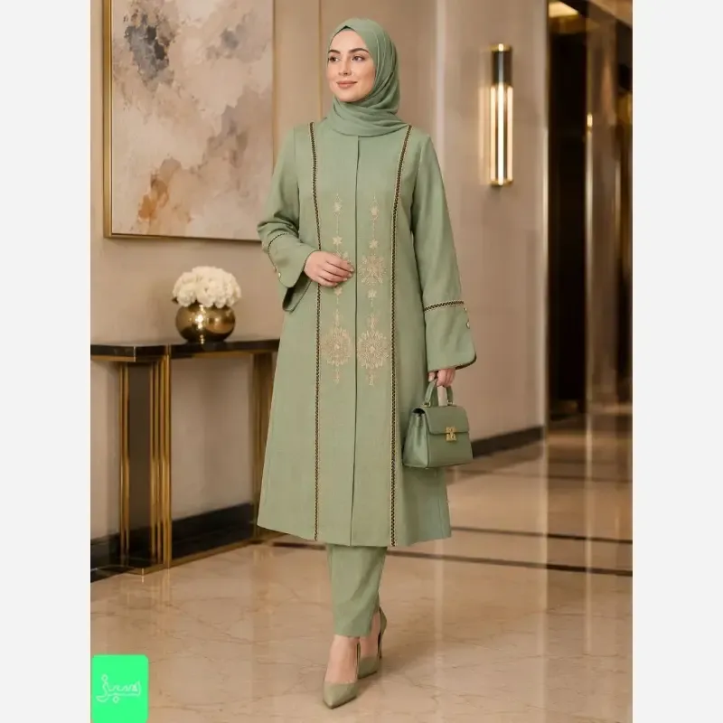 مانتو زنانه مجلسی آوا شانتون اسلپ گلدوزی تا سایز 56 - تصویر 3