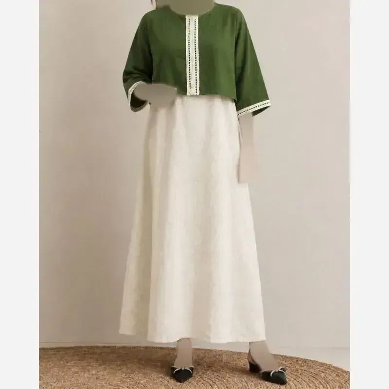 کراپ سارافون لینن زنانه نواردوزی فری سایز قد 130 سانتی متر - تصویر 6