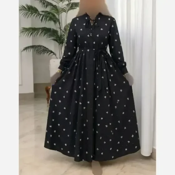 پیراهن مجلسی زنانه مشکی جنس بوگاتی سایز فری 38 تا 46