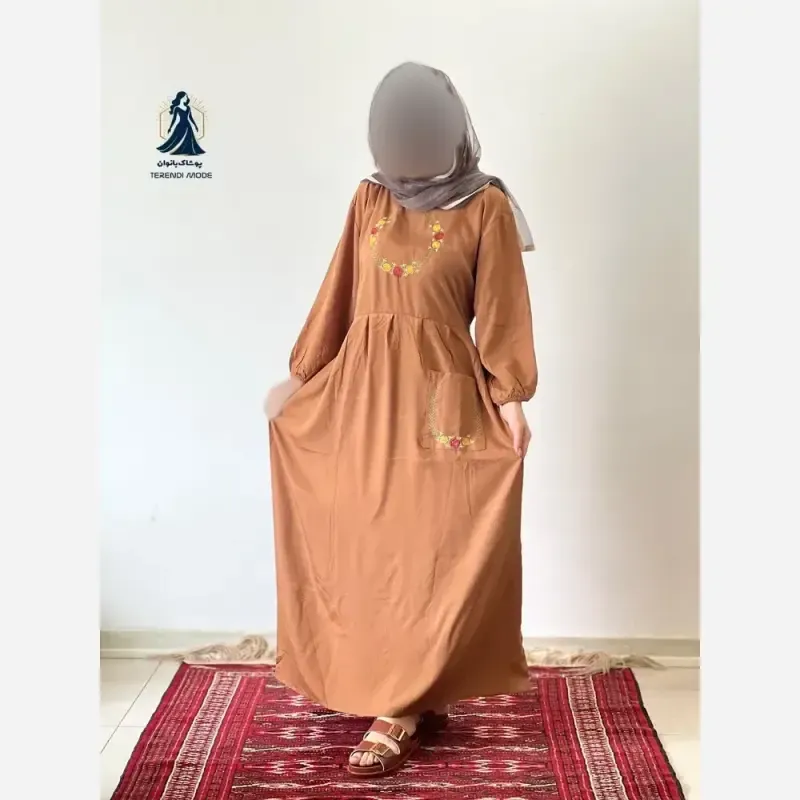 ساحلی گلدوزی تک جیب جنس نخ ململ رنگ زیتون قد 136 - تصویر 6