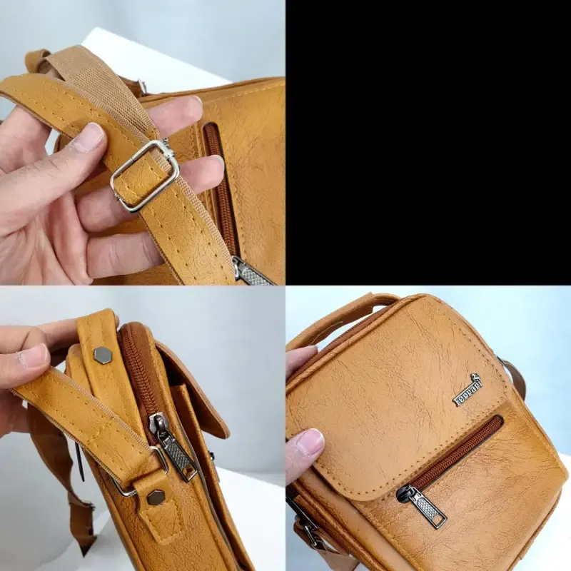 کیف دوشی چرمی اسپرت بزرگ چرم صنعتی مشکی خردلی قهوهای تیره - تصویر 4