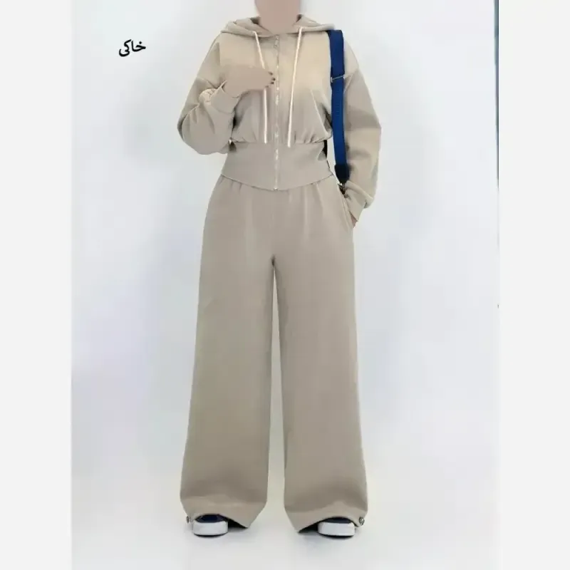 ست پاییزی زنانه ضخیم و گرم هودی کلاهدار و شلوار جاگر یا بگ فریسایز فوتر اویشو دورو - تصویر 4