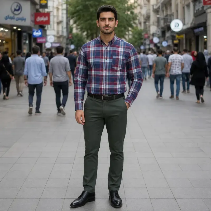 پیراهن آستین بلند مردانه نخی چهارخانه قواره آزاد جنس نخ پنبه - تصویر 5