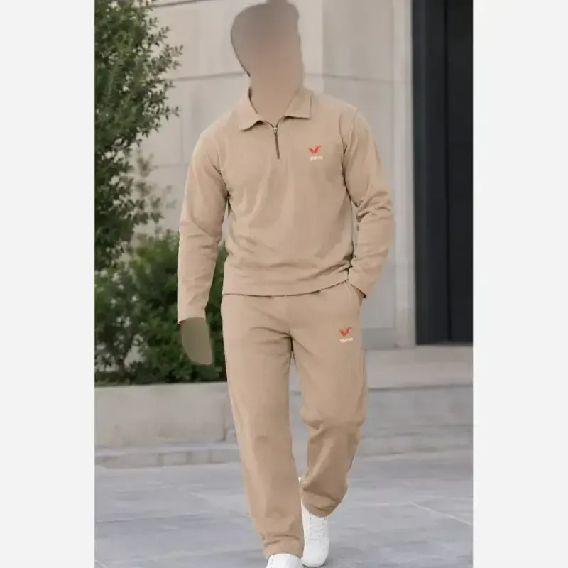 ست پاییزه پلوشرت و شلوار مردانه کبریتی گرم بالا گلدوزی شده