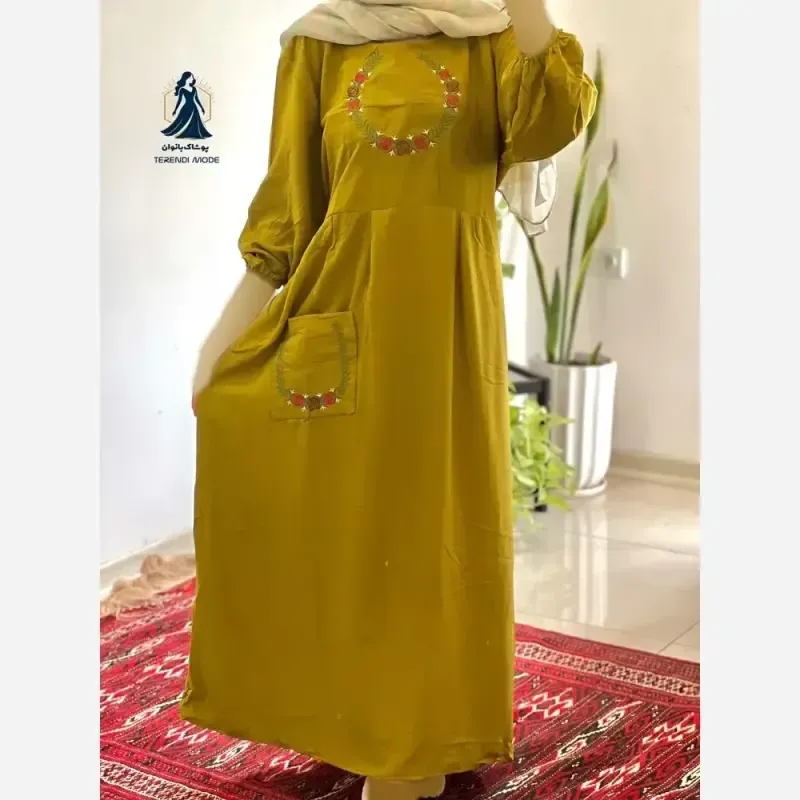ساحلی گلدوزی تک جیب جنس نخ ململ رنگ زیتون قد 136 - تصویر 4